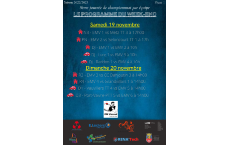  LE PROGRAMME DU WEEK-END : 5ème journée de championnat par équipe