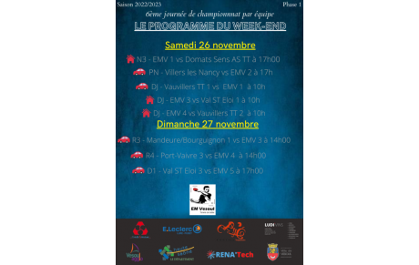  LE PROGRAMME DU WEEK-END : 6ème journée de championnat par équipe